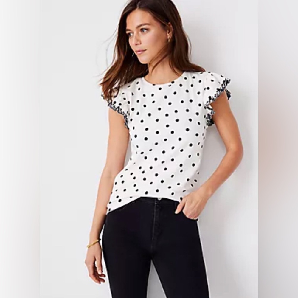 ⭐️$35 for 2⭐️ Ann Taylor Polka Dot with Embroidered Flutter Sleeve Top US LP